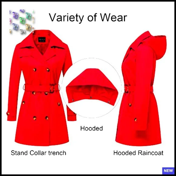 Classic Double-Breasted Trench Coat Slim Fit Detachable Hood Water-Repellent